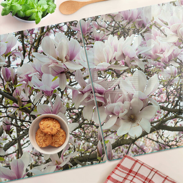 Tagliere in vetro temperato con stampa a motivo fiori di magnolia
