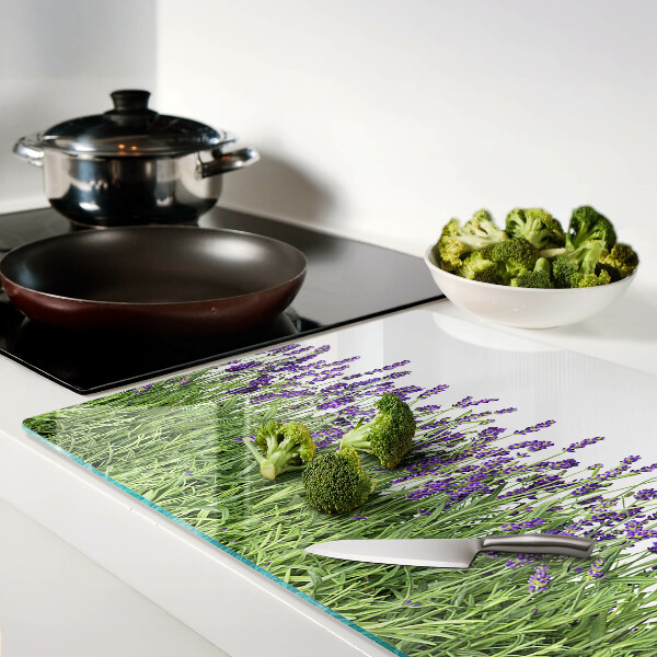 Tagliere in vetro con stampa di un campo di lavanda al sole