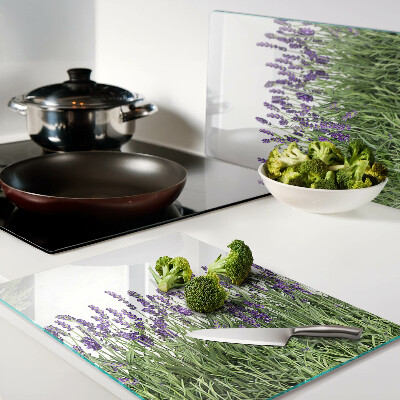Tagliere in vetro con stampa di un campo di lavanda al sole
