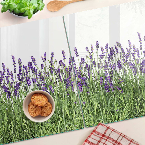 Tagliere in vetro con stampa di un campo di lavanda al sole