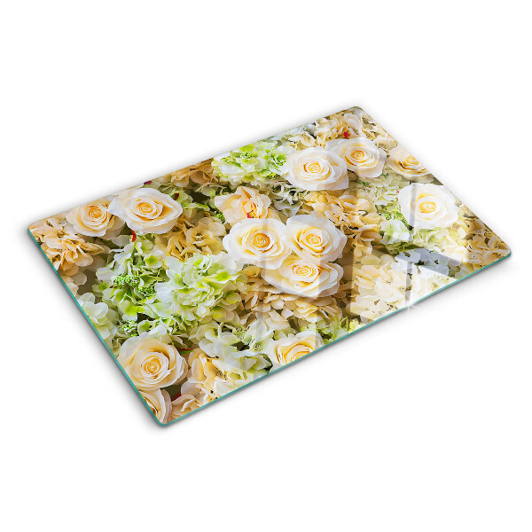 Tagliere in vetro con decorazione a fiori nei toni pastello