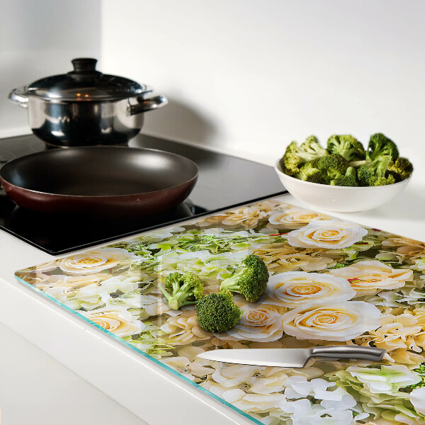 Tagliere in vetro con decorazione a fiori nei toni pastello