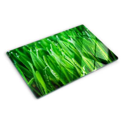 Tagliere in vetro temperato con motivo di erba e gocce d'acqua