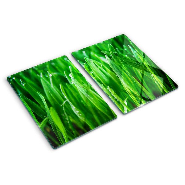 Tagliere in vetro temperato con motivo di erba e gocce d'acqua