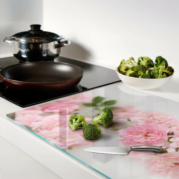 Tagliere in vetro con decorazione di fiori rosa in vaso