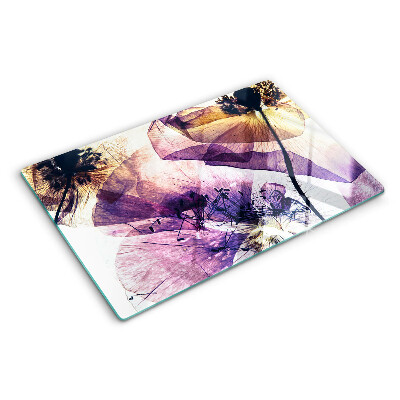 Tagliere in vetro temperato con decorazione di fiori nei toni del viola e del giallo