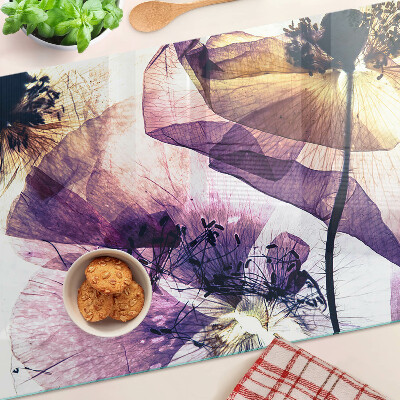 Tagliere in vetro temperato con decorazione di fiori nei toni del viola e del giallo