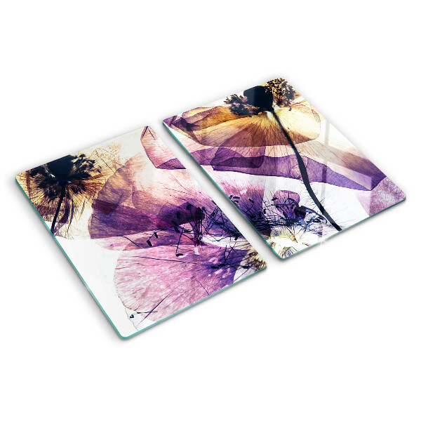 Tagliere in vetro temperato con decorazione di fiori nei toni del viola e del giallo