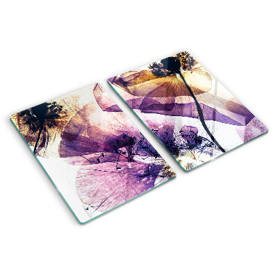 Tagliere in vetro temperato con decorazione di fiori nei toni del viola e del giallo