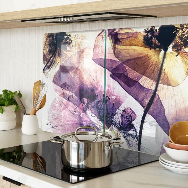 Tagliere in vetro temperato con decorazione di fiori nei toni del viola e del giallo