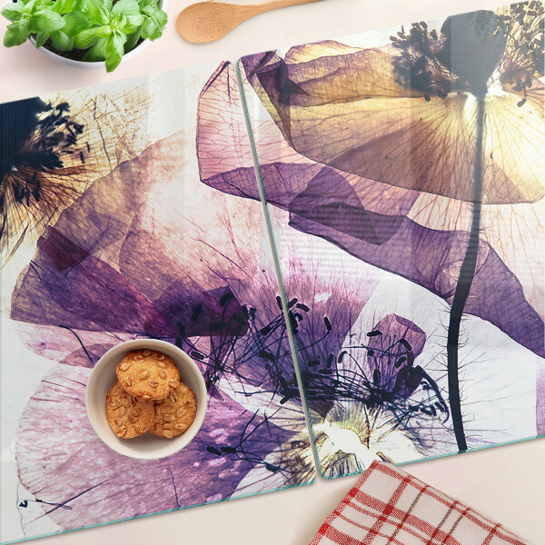 Tagliere in vetro temperato con decorazione di fiori nei toni del viola e del giallo