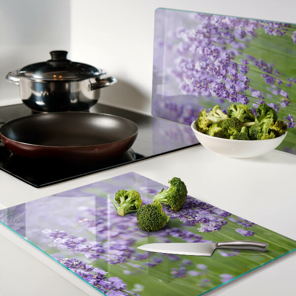 Tagliere in vetro temperato con stampa a tema campo di lavanda