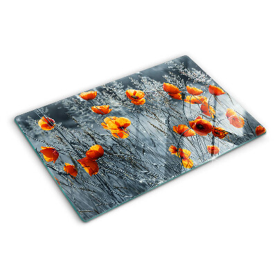 Tagliere in vetro con motivo paesaggio di papaveri in grigio