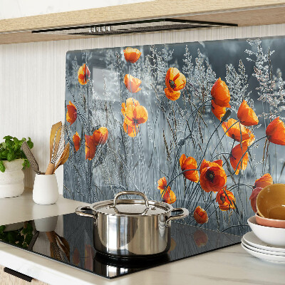 Tagliere in vetro con motivo paesaggio di papaveri in grigio