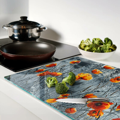 Tagliere in vetro con motivo paesaggio di papaveri in grigio