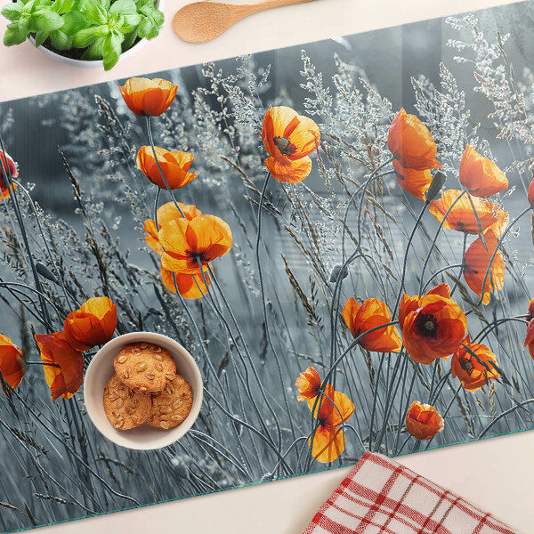 Tagliere in vetro con motivo paesaggio di papaveri in grigio