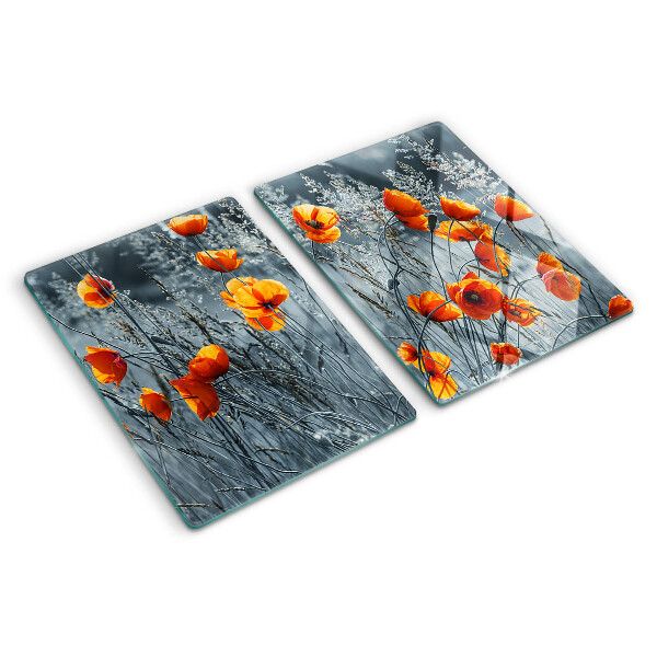 Tagliere in vetro con motivo paesaggio di papaveri in grigio