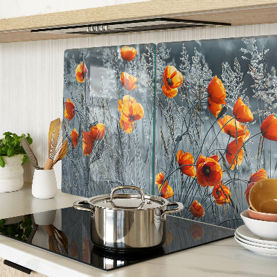 Tagliere in vetro con motivo paesaggio di papaveri in grigio