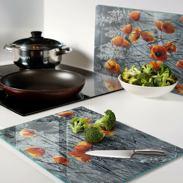 Tagliere in vetro con motivo paesaggio di papaveri in grigio