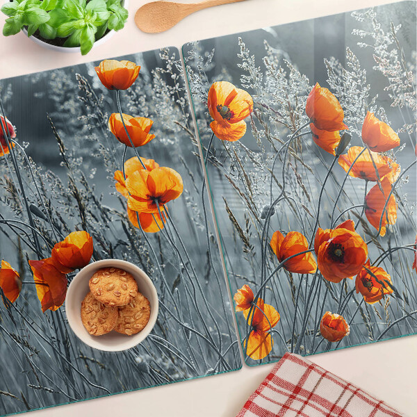 Tagliere in vetro con motivo paesaggio di papaveri in grigio