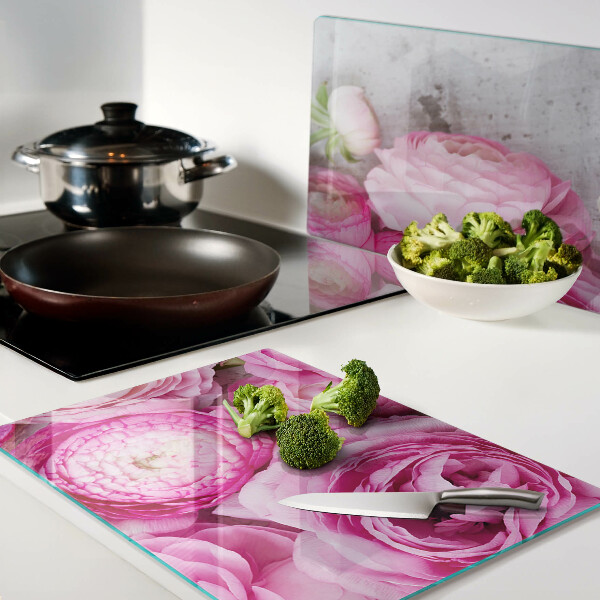 Tagliere in vetro temperato con motivo di fiori rosa a forma di bouquet