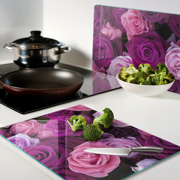 Tagliere in vetro temperato con motivo di rose nei toni del rosa