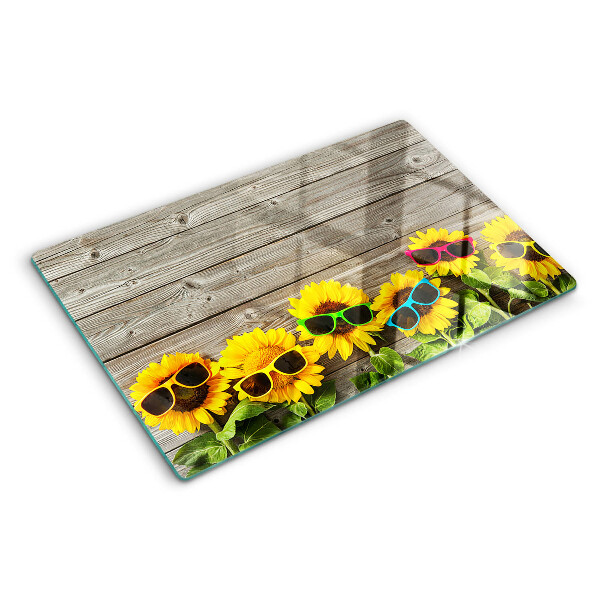 Tagliere in vetro con motivo di girasoli che indossano occhiali da sole