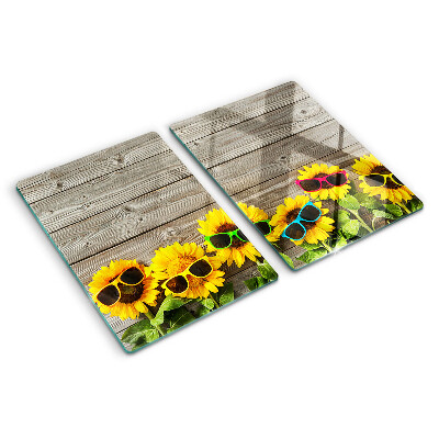 Tagliere in vetro con motivo di girasoli che indossano occhiali da sole