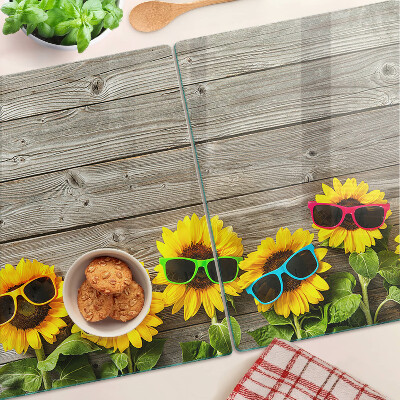 Tagliere in vetro con motivo di girasoli che indossano occhiali da sole