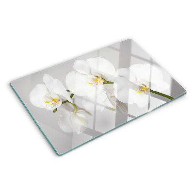 Tagliere in vetro temperato con motivo di orchidee su sfondo specchiante