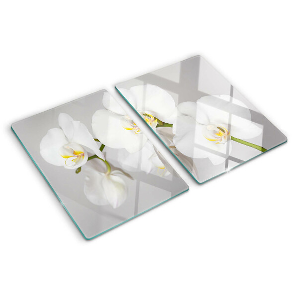 Tagliere in vetro temperato con motivo di orchidee su sfondo specchiante