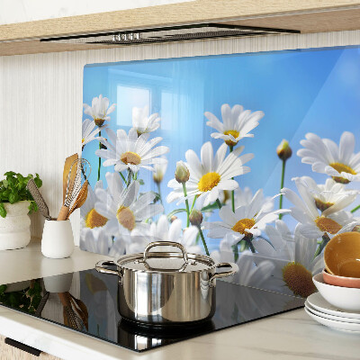 Tagliere in vetro con motivo di fiori di margherita su sfondo blu