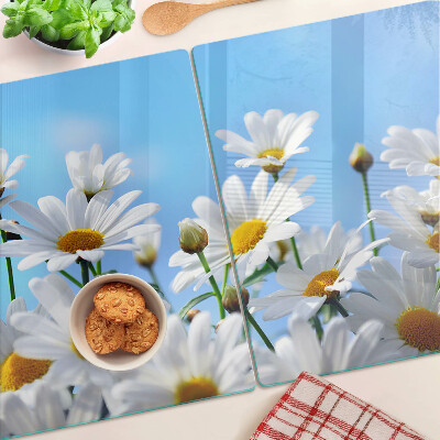 Tagliere in vetro con motivo di fiori di margherita su sfondo blu