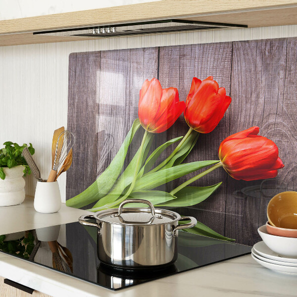 Tagliere in vetro temperato con motivo di tulipani su sfondo di legno