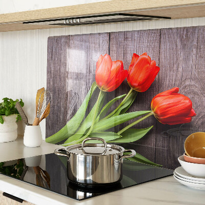 Tagliere in vetro temperato con motivo di tulipani su sfondo di legno