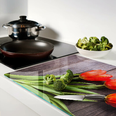 Tagliere in vetro temperato con motivo di tulipani su sfondo di legno