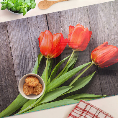 Tagliere in vetro temperato con motivo di tulipani su sfondo di legno