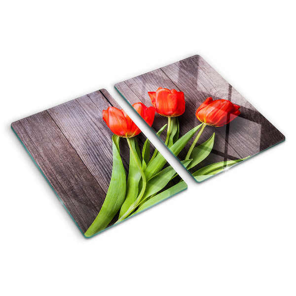 Tagliere in vetro temperato con motivo di tulipani su sfondo di legno