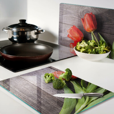 Tagliere in vetro temperato con motivo di tulipani su sfondo di legno