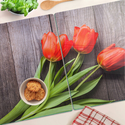 Tagliere in vetro temperato con motivo di tulipani su sfondo di legno