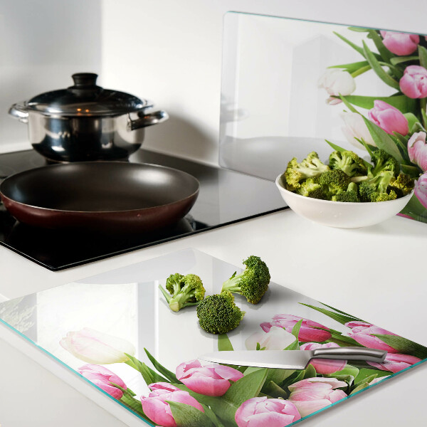 Tagliere in vetro temperato con motivo di tulipani nei toni pastello