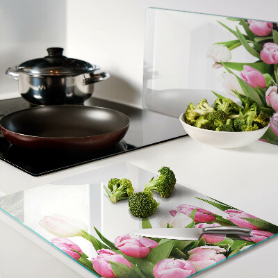 Tagliere in vetro temperato con motivo di tulipani nei toni pastello