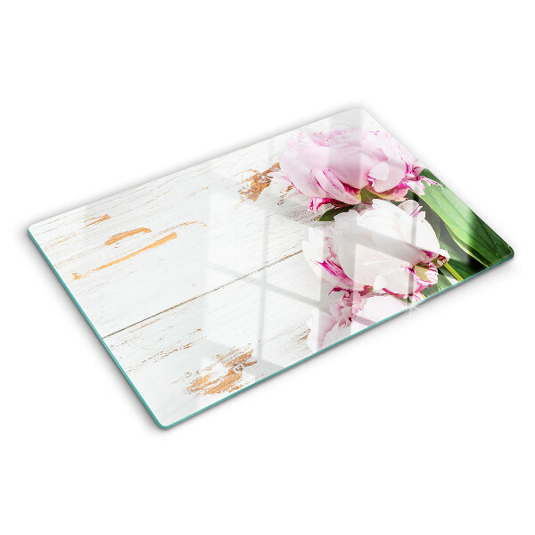 Tagliere in vetro con stampa di fiori di peonia su sfondo effetto legno