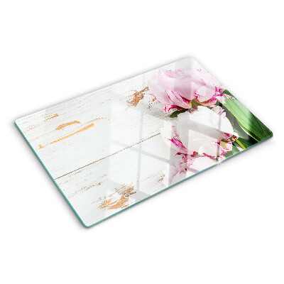 Tagliere in vetro con stampa di fiori di peonia su sfondo effetto legno