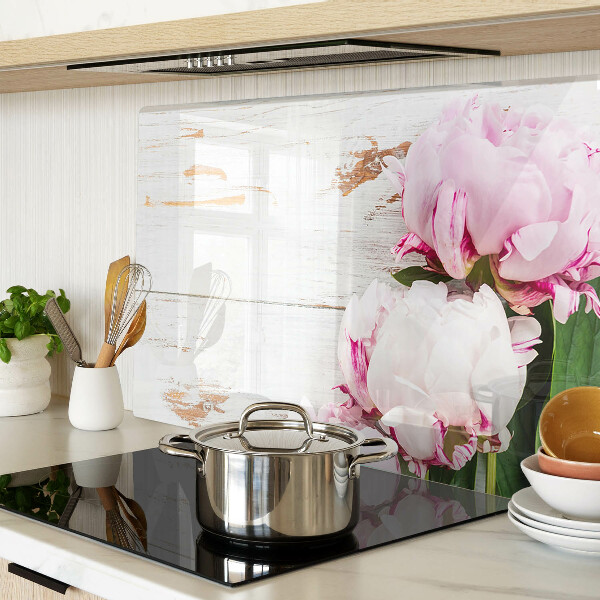 Tagliere in vetro con stampa di fiori di peonia su sfondo effetto legno