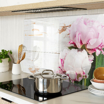 Tagliere in vetro con stampa di fiori di peonia su sfondo effetto legno