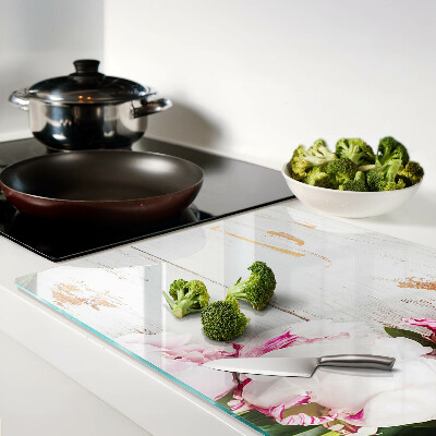 Tagliere in vetro con stampa di fiori di peonia su sfondo effetto legno