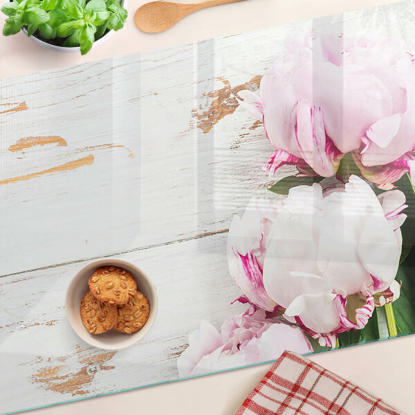 Tagliere in vetro con stampa di fiori di peonia su sfondo effetto legno