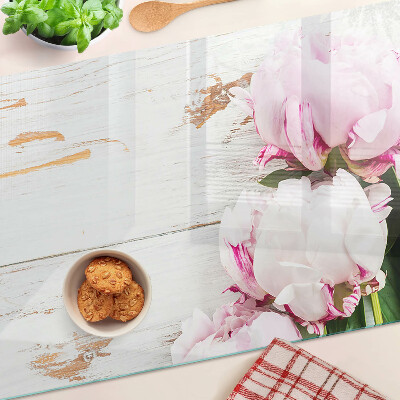 Tagliere in vetro con stampa di fiori di peonia su sfondo effetto legno