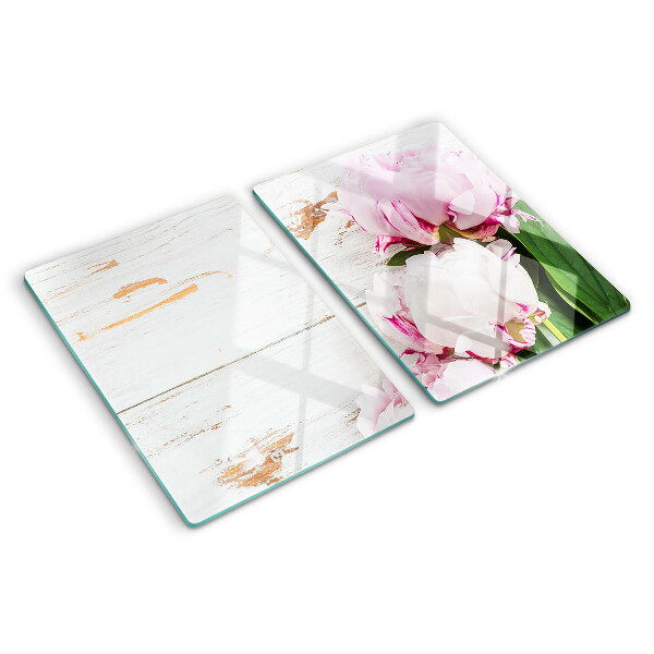 Tagliere in vetro con stampa di fiori di peonia su sfondo effetto legno
